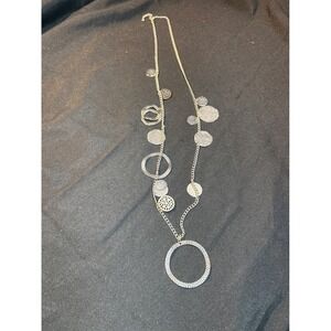 Silver Tone Circle Charm Necklace Long Statement Pendant